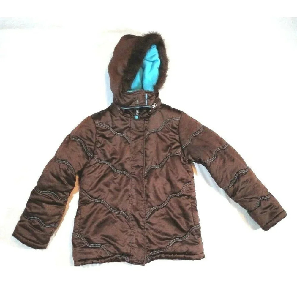 Rothschild Quilted Faux Fur Hooded Jacket Girls Size L 14 Brown Blue Long Sleeve